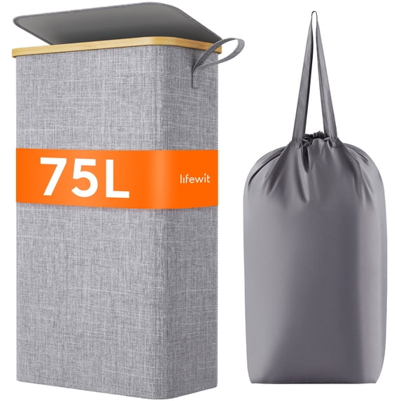 Lifewit 75L Slim Laundry Hamper with Lid, Narrow Laundry Basket with Removable Bag & Bamboo Handles, Fodable Thin Dirty Clothes Hamper for Laundry Collapsible Bin for Bathroom Bedroom Dorm, Gray