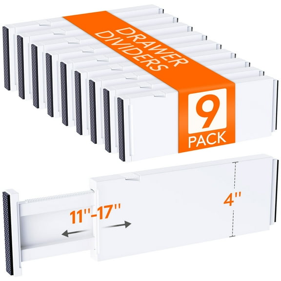Lifewit 9 Pack Drawer Dividers 4" High, 11-17" Adjustable Drawer Organizers for Clothes, Expandable Dresser Separators in Bedroom/Bathroom/Kitchen/Fridge/Office Organization and Storage, White