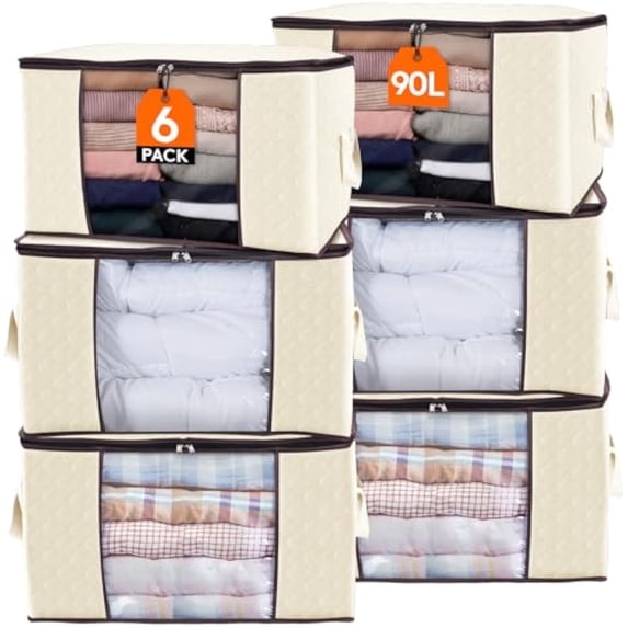 Lifewit 90L Large Storage Bags, 6 Pack Closet Organizers and Storage, Clothes Foldable Storage Bins with Reinforced Handles, Storage Containers for Clothing, Blanket, Comforters, Bedding, Beige