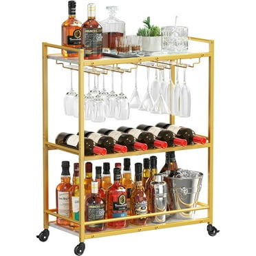 Lifewit Bar Cart, 3 Tier Serving Home Bar with Lockable Wheels, Wine Rack and Glass Holders, Rolling Drink Mobile Liquor Cart for Kitchen Dining Livingroom, 24.9" x 11.8" x 32.1", Gold