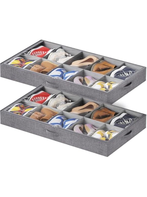 Under Bed Shoe Storage Organizer Set, 10 Pair Boots, Thick Fabic Sneaker Storage, Foldable Underbed Shoe Boxes for High-tops, Heels, Sports Shoes, 2 Pack