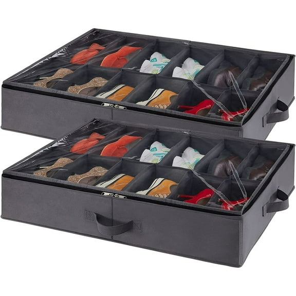 Lifewit Under Bed Shoe Storage Organizer, Set of 2, Fits 24 Pairs, Closet Organizers and Storage, Durable Shoe Bag w/ Cardboard, Dual Zippers, Gray