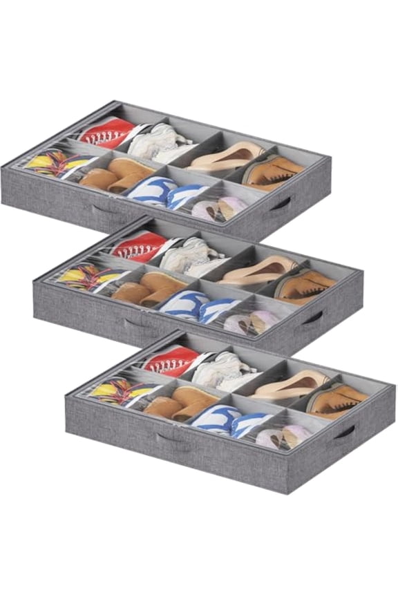 Under Bed Shoe Storage Organizer Set, 8 Pair Boots, Thick Fabic Sneaker Storage, Foldable Underbed Shoe Boxes for High-tops, Heels, Sports Shoes, 3 Pack