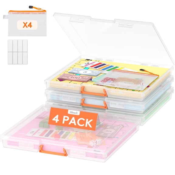 Lifewit Board Game Storage with Secure Latch, 4 Pack Plastic Organizer Box with Handle & Labels, Portable Craft Storage Containers for Puzzles, Cards, Art Supplies, Fits 12.3" x 10.6", Clear