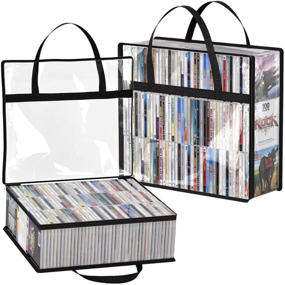 Lifewit CD Storage Bags, Clear PVC Plastic CD Organizer Box with Carrying Handles and Zipper, Stackable Media Case Bins Portable for CDs, Albums, Hold up to 240 CDs (120 Each) 2 Pack