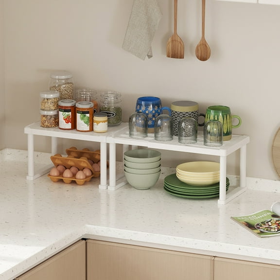 Lifewit Cabinet Shelf Organizer, Expandable From 11.8 to 15.7 inches, Countertop Kitchen Shelves, Plastic Shelf Riser for Pantry Kitchen Storage and Spice Rack, Set of 2, White