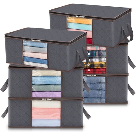 Lifewit Clothes Storage Bag Foldable Storage Bin Closet Organizer with Reinforced Handle Sturdy Fabric Clear Window for Sweaters, Coats, T-shirts, Blankets, 6 Pack, 35L, Grey