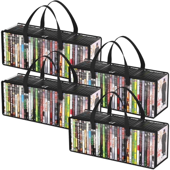 Lifewit DVD Storage Bags, Clear PVC DVD Case Holder with Handles, Front Window Zipper Design, Stackable Media Organizer for Blu Ray Disc, Movie Cases, VHS Box, Hold 140 Pcs DVDs (35 Each), 4 Pack