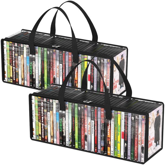 Lifewit DVD Storage Bags, Clear PVC DVD Case Holder with Handles, Front Window Zipper Design, Stackable Media Organizer for Blu Ray Disc, Movie Cases, VHS Box, Hold 70 Pcs DVDs (35 Each), 2 Pack