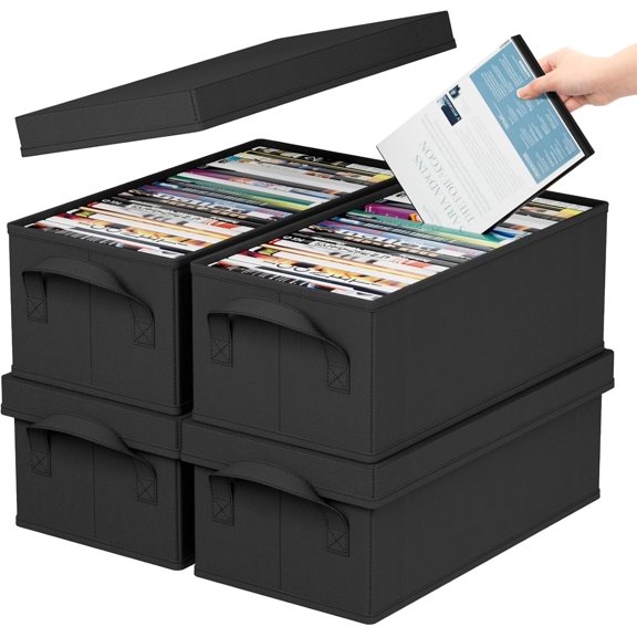 Lifewit DVD Storage Box, Stackable Case Holder Organizer, Foldable DVDs Container with Lid, Handles, Media Organizer Bin 15.7" L x 7.9" W 5.7" H Holds up to 100 PCS (25 Each), 4 Pack