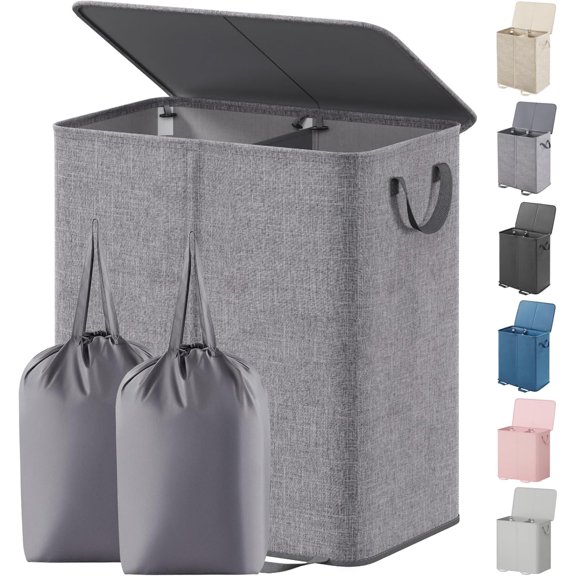 Lifewit Double Laundry Hamper with Lid and Removable Laundry Bags, Large Collapsible 2 Dividers Dirty Clothes Basket with Handles for Bedroom, Laundry Room, Closet, Bathroom, College, 136L Gray