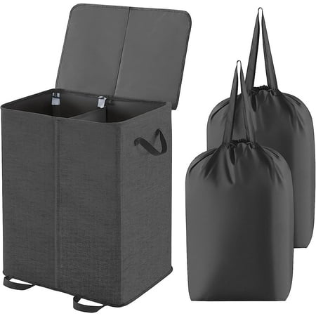 Lifewit Double Laundry Hamper with Lid and Removable Laundry Bags Large Collapsible 2 Dividers Black