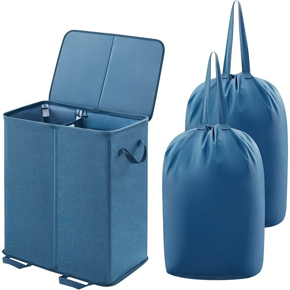 Lifewit Double Laundry Hamper with Lid and Removable Laundry Bags, Large Collapsible, Blue