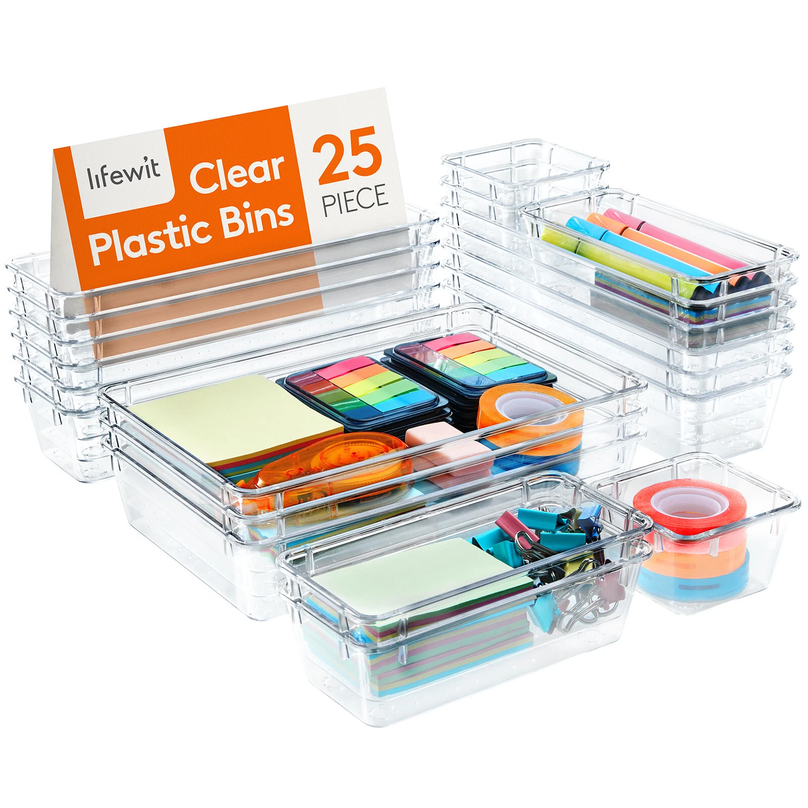 Lifewit Drawer Organizer 25Pcs, 4 Sizes Clear Plastic Desk Drawer Dividers