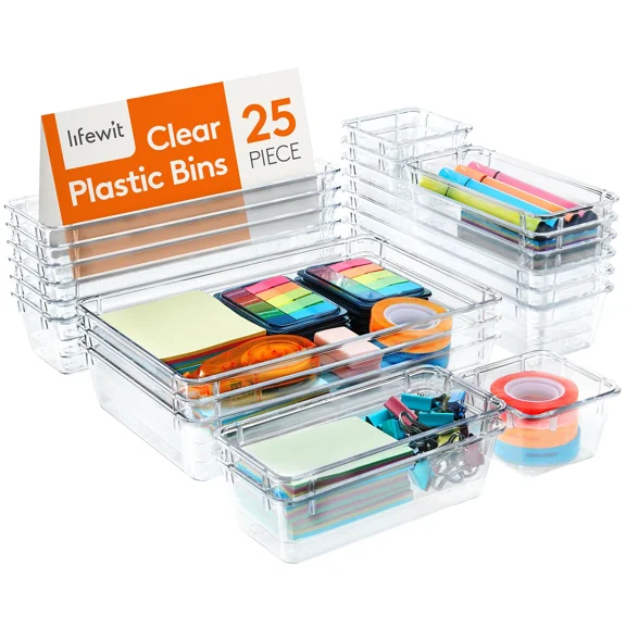 Lifewit Drawer Organizer 25Pcs, 4 Sizes Clear Plastic Desk Drawer Dividers