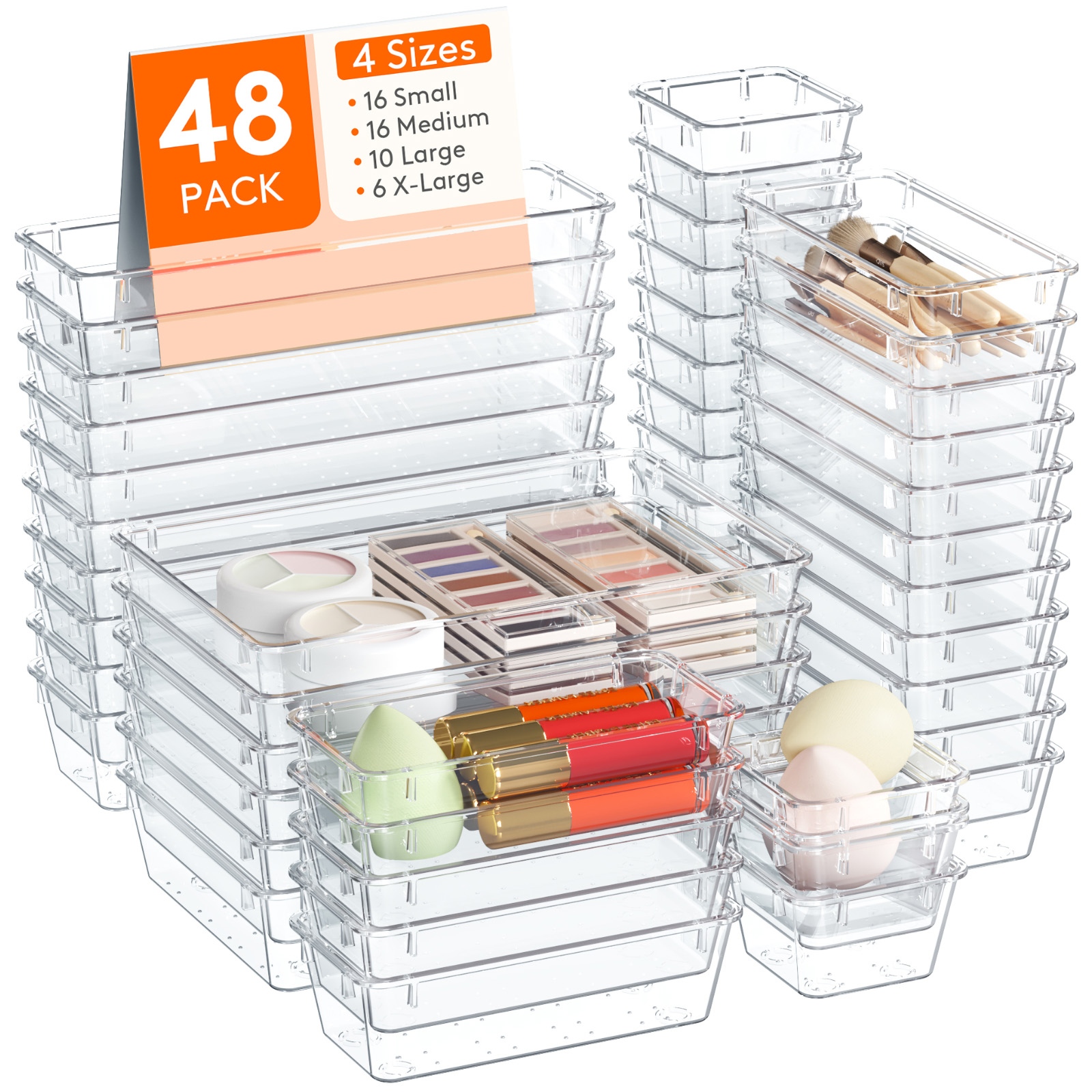 Storage Separation Lifewit Drawer Organizer 48PCS, 4 Sizes Clear Plastic Desk Drawer ...