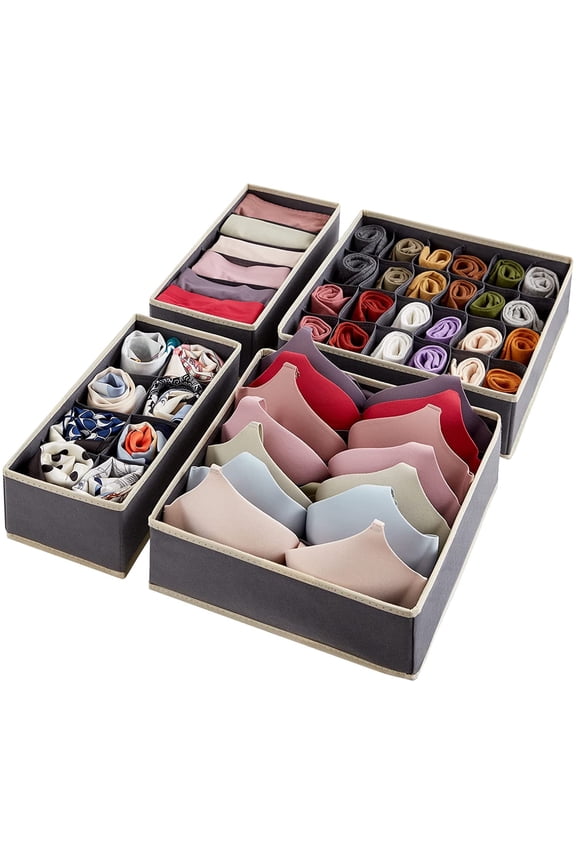 Drawer Organizer for Underwear Fabric Dresser Storage Bins for Bra, Undies, 4 Packs Gray
