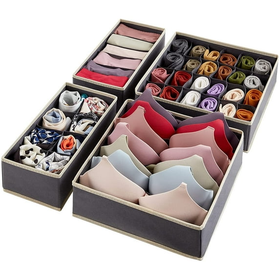 Lifewit Drawer Organizer for Underwear Fabric Dresser Storage Bins for Bra, Undies, 4 Packs Gray