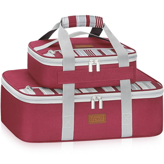 Lifewit Duo Insulated Casserole Carrier for Hot or Cold Food, Lasagna Holder 2 Compartments, Thermal Lunch Tote for Potluck Parties Cookouts, Fits 9"x13" Casserole Dish,Red