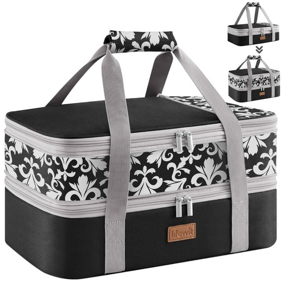 Lifewit Expandable Insulated Casserole Carrier for Hot or Cold Food, Double Decker Food Bag Lasagna Holder Carry Tote for Potluck Parties/Picnic/Cookouts, Fits 9"x13" Baking Dish, Black-Flowers