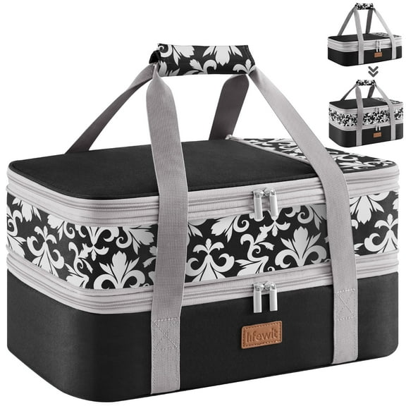 Lifewit Expandable Insulated Casserole Carrier for Hot or Cold Food, Double Decker Food Bag Lasagna Holder Carry Tote for Potluck Parties/Picnic/Cookouts, Fits 9"x13" Baking Dish, Black-Flowers