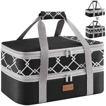 Lifewit Expandable Insulated Casserole Carrier for Hot or Cold Food, Double Decker Food Bag Lasagna Holder Carry Tote for Potluck Parties/Picnic/Cookouts, Fits 9"x13" Baking Dish, Black-Geometric