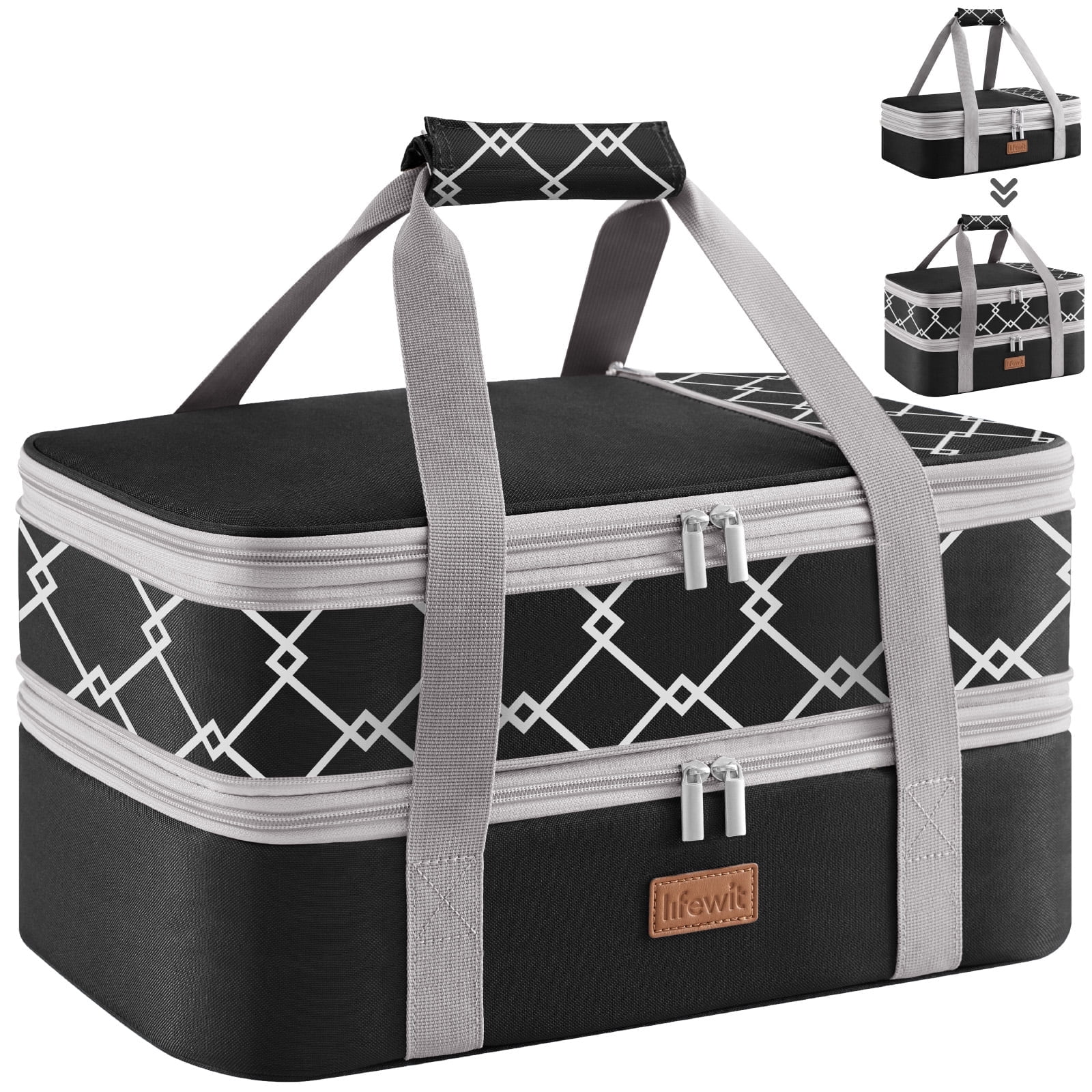 Lifewit Expandable Insulated Casserole Carrier for Hot or Cold Food, Double Decker Food Bag Lasagna Holder Carry Tote for Potluck Parties/Picnic/Cookouts, Fits 9"x13" Baking Dish, Black-Geometric