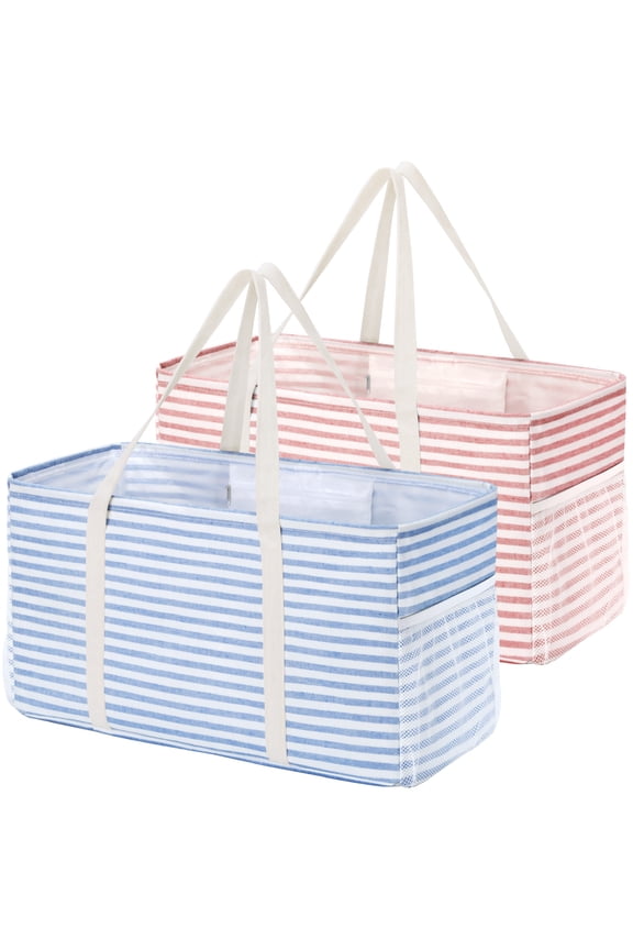 Extra Large Tote Bag, Reusable Grocery Bags with Metal Wire Frame and Handles, Standing Utility Foldable Shopping Bags for Storage, Picnics, Beach, Laundry, Car, 46L, 2 Pack, Pink and Blue