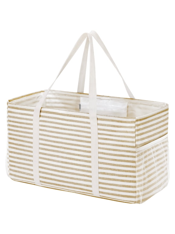 Extra Large Tote Bag, Reusable Grocery Bags with Metal Wire Frame and Handles, Standing Utility Foldable Shopping Bags for Storage, Picnics, Beach, Laundry, Car, 46L, 1 Pack, Beige