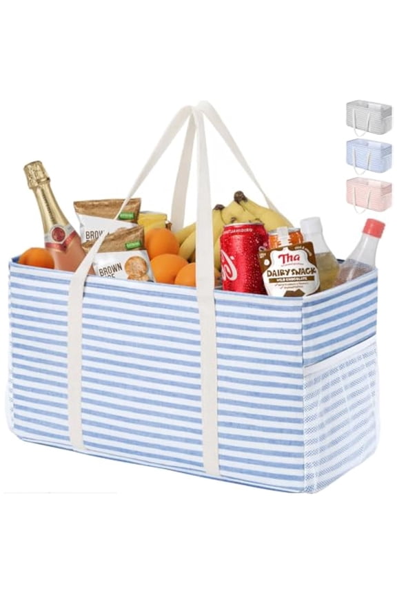 Extra Large Tote Bag, Reusable Grocery Bags with Metal Wire Frame and Handles, Standing Utility Foldable Shopping Bags for Storage, Picnics, Beach, Pool, Laundry, Car, Camping, 1 Pack, Blue