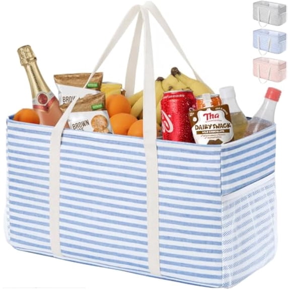 Lifewit Extra Large Tote Bag, Reusable Grocery Bags with Metal Wire Frame and Handles, Standing Utility Foldable Shopping Bags for Storage, Picnics, Beach, Pool, Laundry, Car, Camping, 1 Pack, Blue