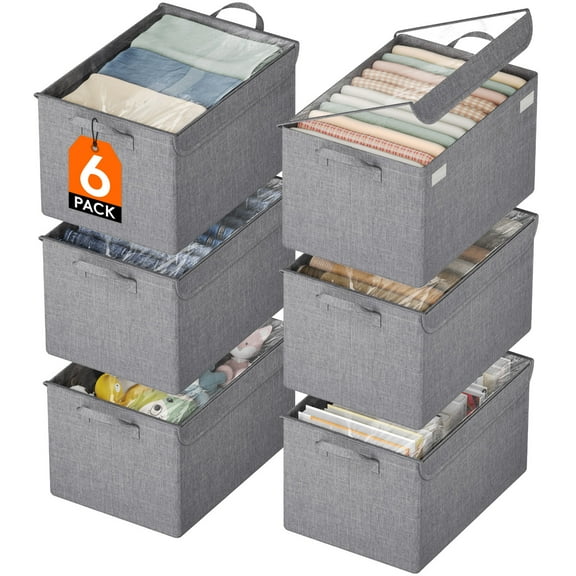 Lifewit Fabric Storage Boxes 6 Pcs, Stackable Storage Bins with Clear Lids, Foldable Oxford Cloth Cube Closet Organizer Baskets, Clothes Containers for Towels, Blankets, Books, Light Gray-Large