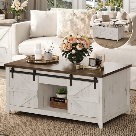 Lifewit Farmhouse Double Lift Top Coffee Table with Sliding Barn Doors, Wood Square Center Table with Large Hidden Storage Space and Open Cabinet, for Living Room, Bedroom, Home Office, Rustic White