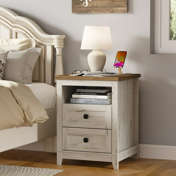 Lifewit Farmhouse Nightstand with Power Outlets and USB Ports, Bedside Table with 2 Drawers and 1 Open Storage Space, Side Table, End Table, Night Stand for Bedroom, Rustic White