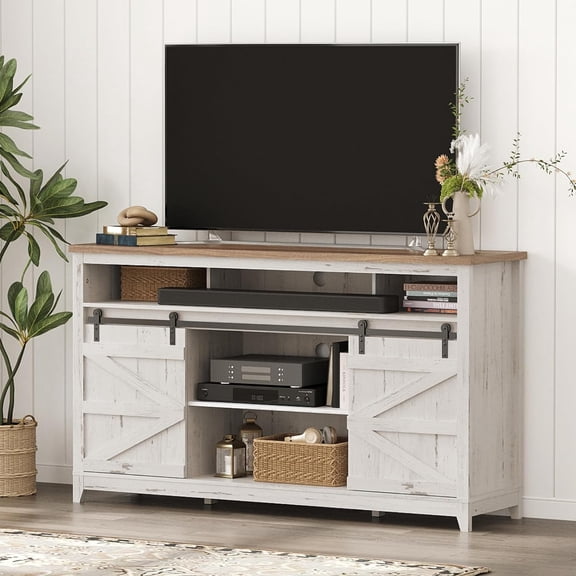 Lifewit Farmhouse TV Stand for up to 65" TV, 33.4" Tall Entertainment Center with Ajustable Shelves, Sliding Barn Door and Open Storage Spaces, TV Console for Living Room, Bedroom Rustic White