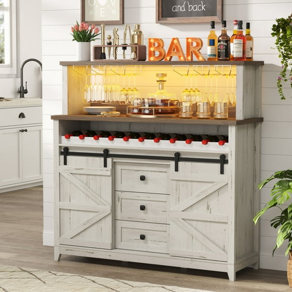 Lifewit Farmhouse Wine Bar Cabinet with Sliding Bar Door and Led Lights, Sideboard with 2 Layers Tabletops, Wine and Glass Racks, 2 Storage Cabinets with Adjustable Shelf, 3 Drawers, Rustic White