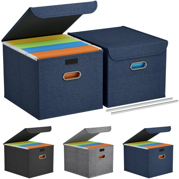 Lifewit File Organizer Box with Lids, Portable Storage File Boxes with Plastic Slide, Hanging File Boxes Document Storage for Home Office Supplies, Decorative Folders Storage Dark Blue 2 Pack