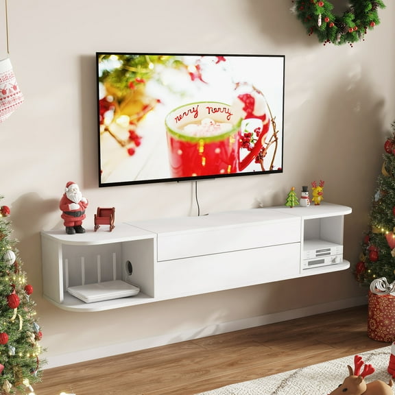 Lifewit Floating TV Stand for up to 50" TV, Wall Mounted Entertainment Center with Power Outlets and USB Ports, Large Storage Space with Sliding Tabletop, Open Shelves, White