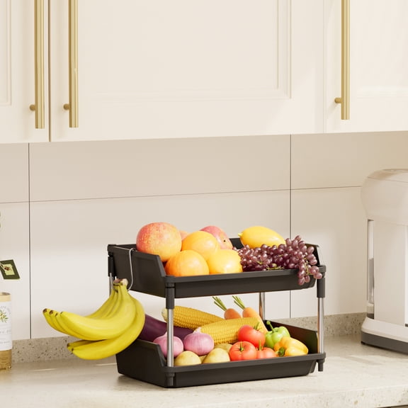 Lifewit Fruit Basket for Kitchen Counter, 2 Tier Fruit Bowl with Banana Hanger, Vegetable Storage Stand Holder Organizer for Bread Snack Produce, Black