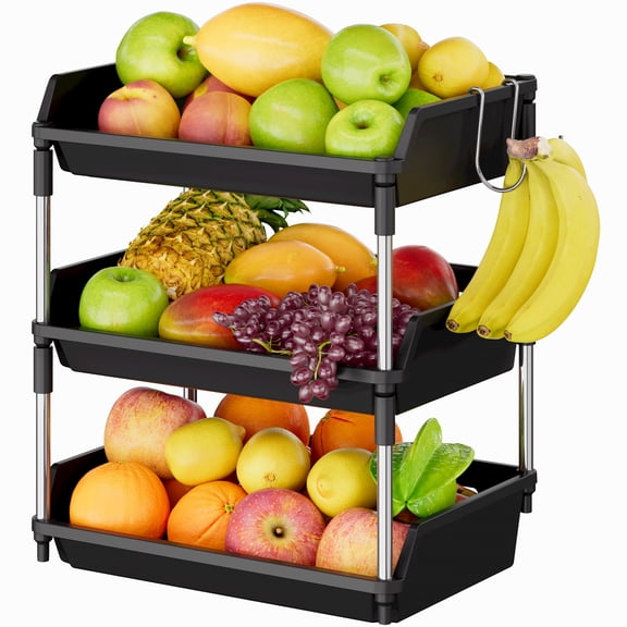 Lifewit Fruit Basket for Kitchen Counter, 3 Tier Fruit Bowl with Banana Hanger, Vegetable Storage Stand Holder Organizer for Bread Snack Produce, Black