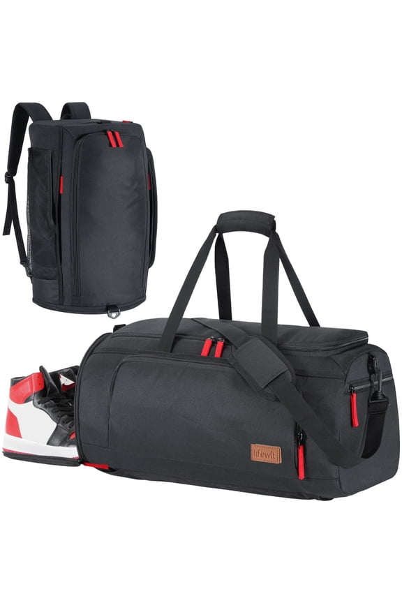 Gym Bag for Men & Women with Shoe Compartment, 40L Carry On Duffle Bag for Travel, 3 In 1 Waterproof Weekender Workout Overnight Sports Backpack with Dry and Wet Seperation, Black