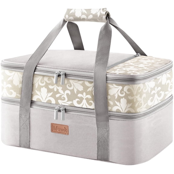Lifewit Insulated Double Decker Casserole Carrier for Hot or Cold Food, Lasagna Lugger Holder Fits 9" x 13" Baking Dish, Thermal Lunch Tote Bag for Potluck Parties, Picnic and Cookouts, Grey Y101