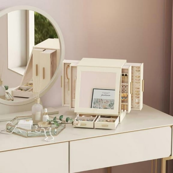 Lifewit Jewelry Box 360° Rotating, Large Adjustable Angle Mirror, Jewelry Storage Case with 6 Drawers, Open Design, Jewelry Organizer for Ring Necklace Earring Bracelet, Great Gift, Creamy White