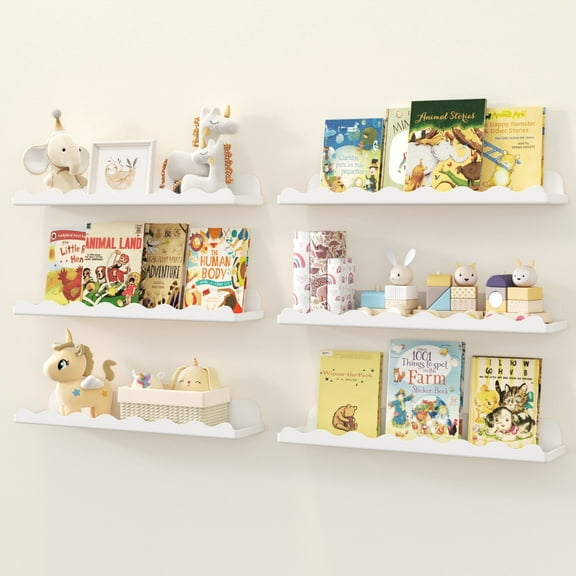 Lifewit Kids Bookshelf 6 Pack, 15" Acrylic Floating Shelves for Wall Mounted, White Clouds Nursery Book Toy Hanging Racks for Baby/Toddler/Children in Bedroom, Living Room Decor
