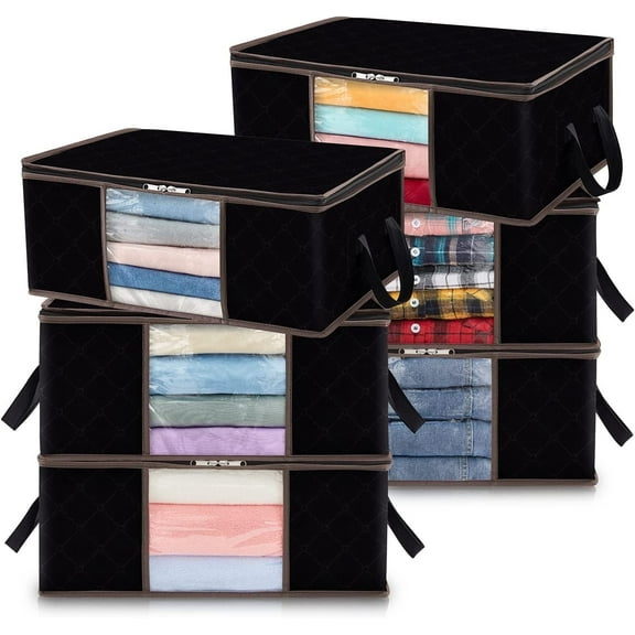 Lifewit Large Clothes Storage Bag, Closet Organizer with Handle Clear Window for Clothes, Blankets, Comforters, Foldable, 6 Pack, Black