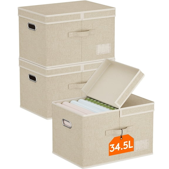 Lifewit Large Clothes Storage Bins with Lids, Fabric Foldable Storage Boxes with Handles, Decorative Closet Organizer, Stackable Cube Baskets Container for Bedroom, Office, 3 Packs, 34.5L Beige