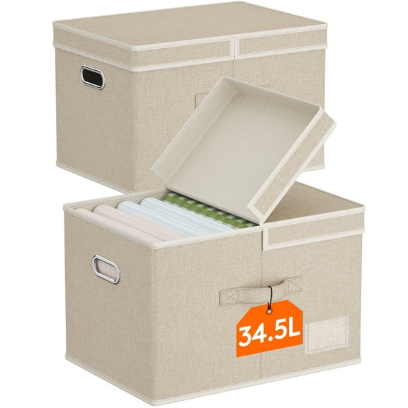 Lifewit Large Clothes Storage Bins with Lids, Fabric Foldable Storage Boxes with Handles, Decorative Closet Organizer, Stackable Cube Baskets Container for Bedroom, Office, 2 Packs, 34.5L Beige