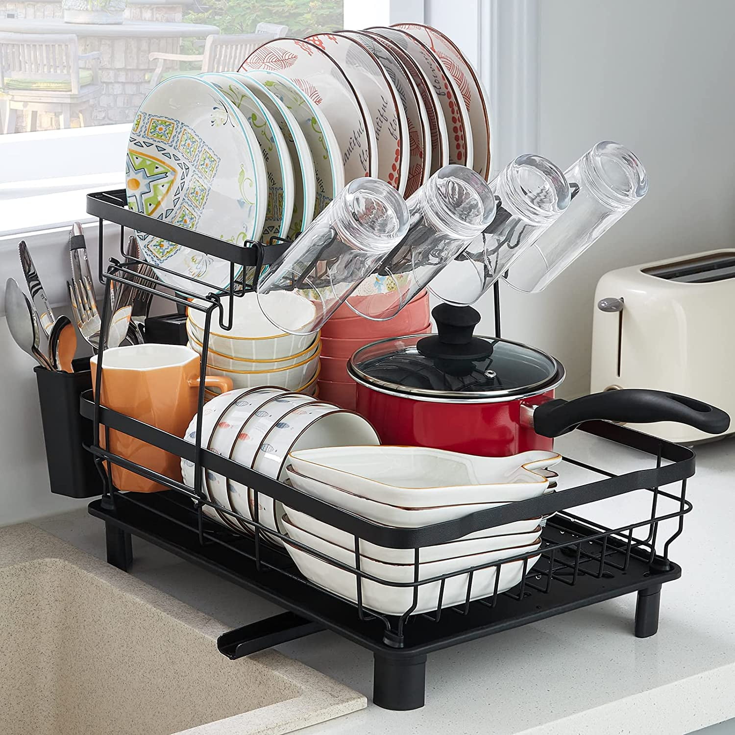 Lifewit Large Dish Drying Rack for Kitchen Counter, Dish Drying Rack with  Drainboard, 2 Tier 