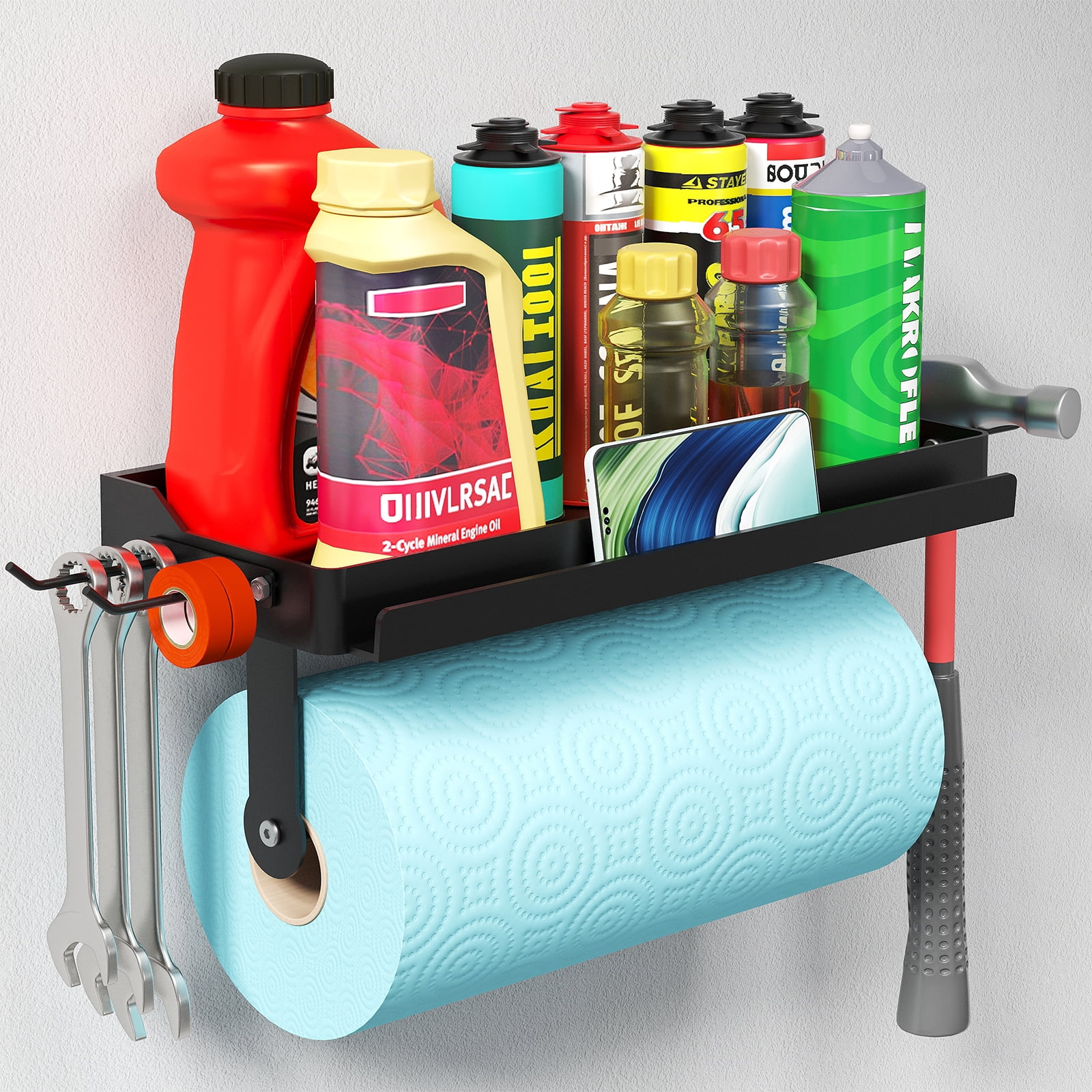 Lifewit Metal Garage Paper Towel Holder with Plastic Shelf, 12 inch Shop Towel Holder, Wall Mount Shelf with 4 Hooks and Phone Stand, Adhesive or Screws, for Clean Station, Craft Room, 1 Pack, Black