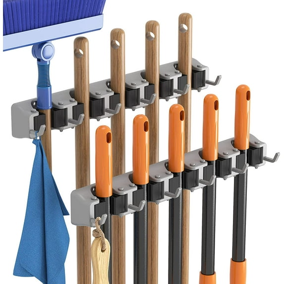 Lifewit Mop and Broom Holder Wall Mount, Anti-Slip Broom Hanger for Kitchen Organization, Heavy Duty Cleaning Supplies Organizer, Easy Install Tool Organizer for Closet, Garage, 2 Pack, Grey